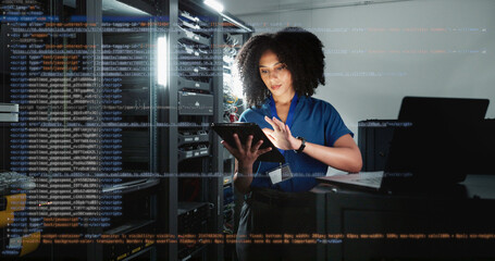 Server room, woman or digital tablet for coding, system update or cybersecurity. Software...