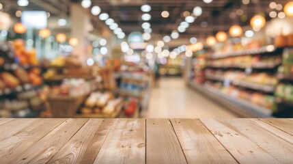 Empty wooden table top for product display, presentation stage. Blurred supermarket with products on shelves in the background.