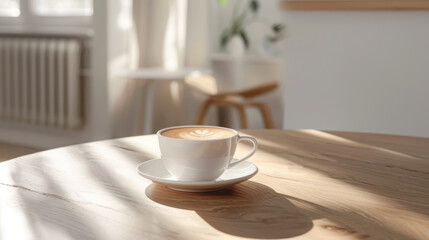Cappuccino with latte art in white cup on wooden table in sunlit cozy minimalist interior