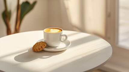 Obraz premium Freshly brewed cappuccino with latte art and cookie on a white table in a sunlit cozy setting