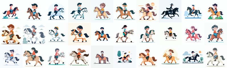 vector set of kid riding a horse with a simple flat design style