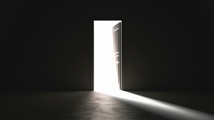 Open door in a dark room with light coming from outside, often used as a symbol of new beginnings or escape from darkness.