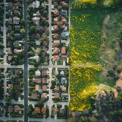 A residential neighborhood in 3/4 of the image contrasts with an open meadow in the remaining 1/4