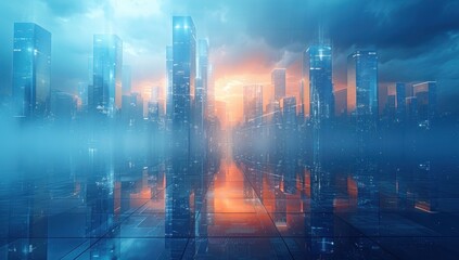 Fototapeta premium Cityscape at Sunset with Fog and Reflections