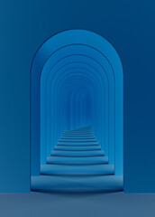 Arch corridor dark blue background concept rendering. Abstract dark blue surreal 3d render. Surrealistic interior 3d illustration.