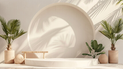 Fototapeta premium 3D render of a minimal summer podium display with geometric shapes and tropical elements on a white background