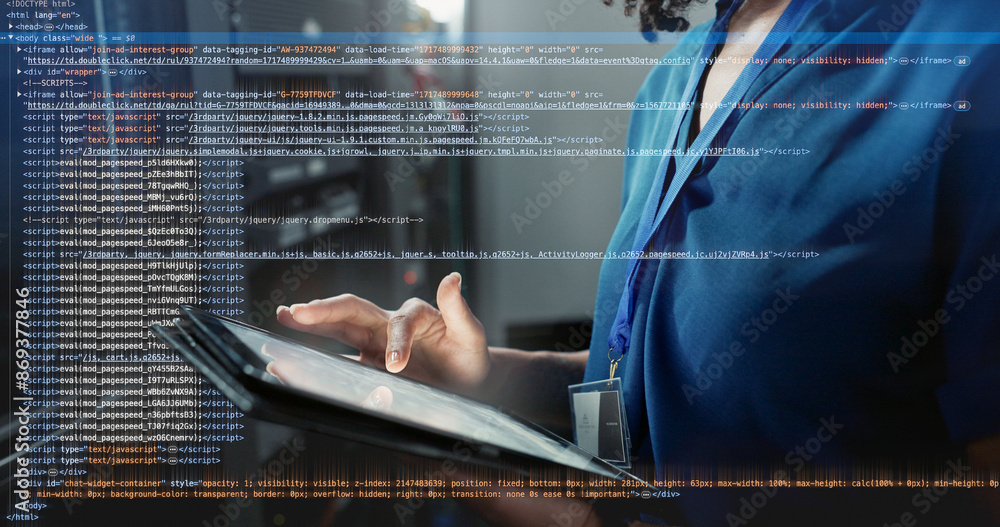 Leinwandbilder Server room, data or hands of engineer with tablet, system update or cybersecurity with code. Inspection, programmer or IT person with overlay screen for problem solving or troubleshooting or scroll