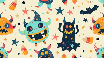 Cute Halloween pattern with friendly monsters, candy corn, and colorful stars on a pastel background