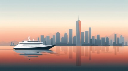 Obraz premium Ferry crossing, city skyline in background, flat design illustration