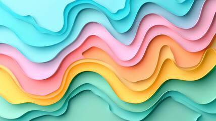 Cover or flyer template with an abstract paper cut blue green pink yellow backdrop. Vector template with carving art style. 