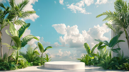 Fototapeta premium 3D render of a minimal summer podium display with geometric shapes and tropical elements on a white background