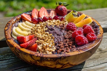 A vibrant acai bowl with various fresh fruits and granola, served in a rustic wooden bowl on a picnic table