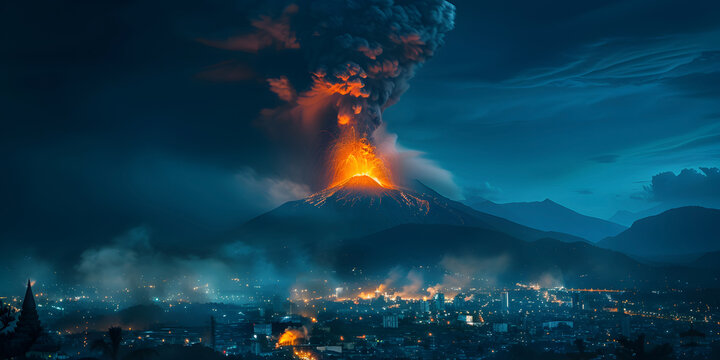 Erupting volcano over the city