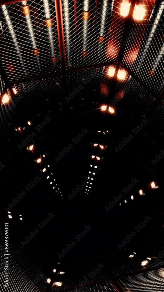 Poster fly through mirror tunnel with technological pattern. design. 3d corridor with glowing lights.