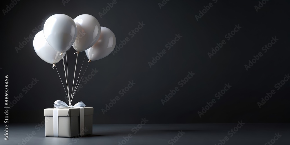 Sticker White Balloons and a Gift Box on a Black Background - A minimal image of four white balloons floating above a gift box tied with a white ribbon, against a black background.