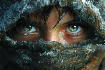 Close Up of a Womans Face With Green Eyes, Partially Covered by a Worn Fabric