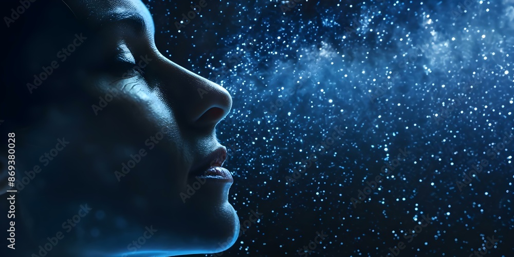 Aufkleber serene avatar in ethereal form floating in starry digital space a close-up profile. concept serene a