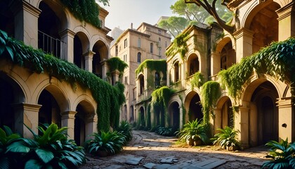Obraz premium A hauntingly beautiful scene of an abandoned city overgrown with vegetation