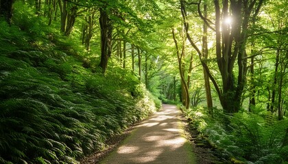 Obraz premium A peaceful forest path surrounded by dense, lush greenery, dappled sunlight filtering through the trees.