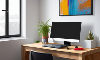 Home Office: Depictions of remote work setups, including minimalist desks, stylish home offices, and tech gadgets. A sleek, modern home office setup featuring a minimalist white desk with clean lines