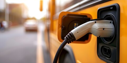 Fototapeta premium School bus charging station for ecofriendly transportation. Concept Ecofriendly, School Bus, Charging Station, Transportation, Sustainability