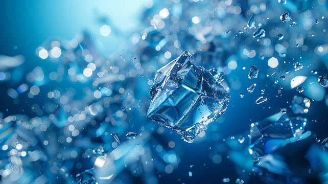 Floating shards of ice glisten against a deep blue background, each piece rendered in exquisite HD clarity.