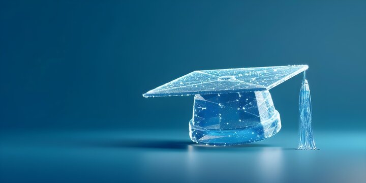 Symbolism of Online Learning Digital Low Poly Wireframe Graduation Hat on Blue Background. Concept Online Learning, Symbolism, Graduation, Low Poly, Wireframe