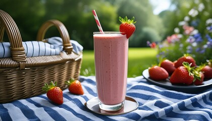 A tall glass of strawberry smoothie with a vibrant pink color, topped with a fresh strawberry on the rim. The smoothie is thick and creamy, with visible seeds.