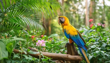 Obraz premium A vibrant, colorful macaw perched on a branch in a tropical rainforest. 