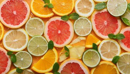 A zesty background filled with slices of citrus fruits such as lemons, limes, oranges, and grapefruits. The fruit slices are arranged in a dynamic, overlapping pattern with droplets of water and mint