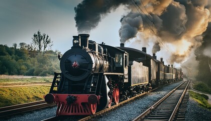 Fototapeta premium A nostalgic ride on an old steam railway. Steam locomotives, smoke, historic wagons