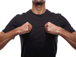 Man wearing black shirt pulling the fabric with both hands, showcasing strength and determination. Isolated on white background.