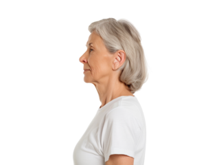 Profile of elderly woman with grey hair in white shirt standing against a white background, facing left, with serene expression.
