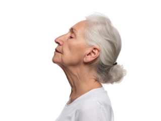 Profile view of an elderly woman with grey hair, eyes closed, and a peaceful expression, wearing a white shirt on a black background.