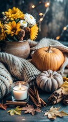 Cozy Autumn Still Life with Pumpkins, Flowers, Candle, and Cinnamon Sticks. Fall cozy background for Thanksgiving, Halloween, Fall Holidays