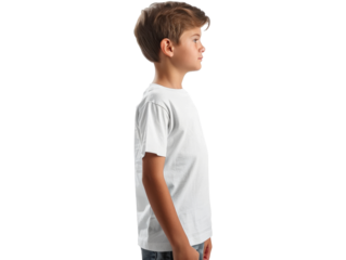 Young boy in a white t-shirt mockup looking sideways against a white background, clothing and lifestyle themes