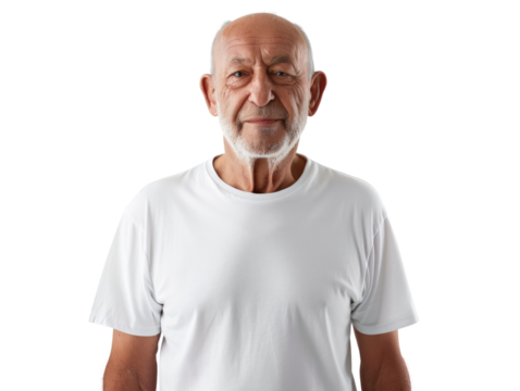 Portrait of a senior man with a white beard wearing a plain white t-shirt mockup. Isolated on a white background.