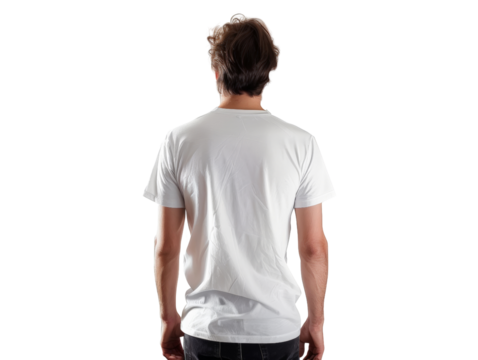 Man wearing plain white t-shirt mockup standing with back turned, isolated on white background, displaying casual fashion.