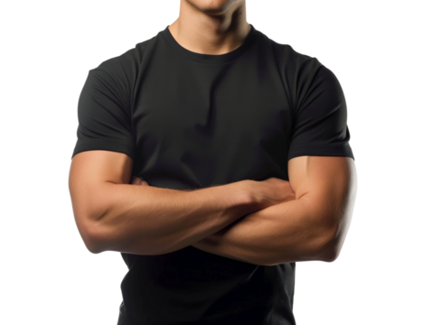 Muscular man in black t-shirt with arms crossed, highlighting strength and fitness in a confident pose.