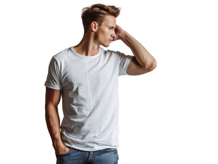 Fototapeta premium Young man in a white t-shirt with hand in hair poses confidently, isolated on white background, representing casual fashion.