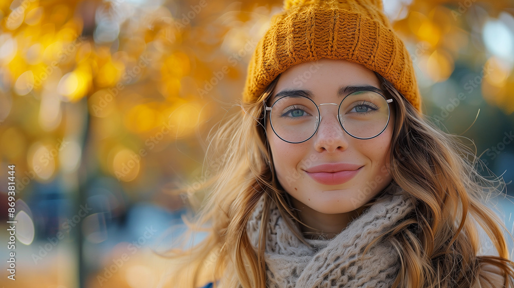 Wall mural A woman with a warm smile wears a knitted hat and scarf against a backdrop of vibrant autumn leaves