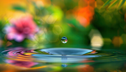 Close-up, a single drop of water can hold a universe of reflections: Illustrate a close-up of a water droplet, reflecting its surroundings like a tiny mirror