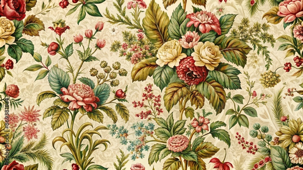 Poster Floral Pattern in Vintage Style - A vintage style floral pattern with roses and other blooms in shades of pink, yellow, and red against a beige background.