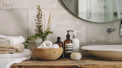 Fototapeta premium Cozy bathroom countertop with toiletries and towels