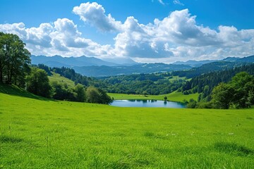 Fototapeta premium Green pasture with lake landscape outdoors nature.
