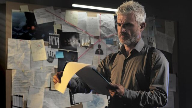 male detective in office looking at criminal case file report,police man standing at the headquarter working late searching evidence browsing dossier papers,crime investigation