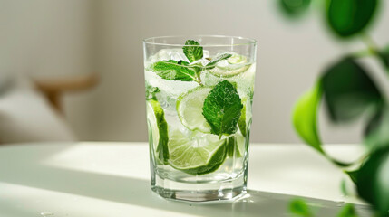 Refreshing lime and mint cocktail with ice in a glass on white table in bright sunlight