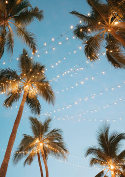 a photo of worm eye view of a palm trees during the Vanila sky with outdoor string lights.