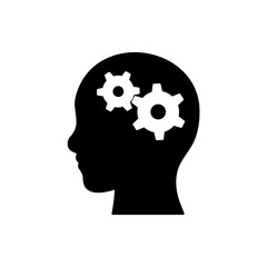 Gears in the head black icon. Human head with gear. Idea of planning, mind. Work with the head, for: illustration, logo, mobile, app, emblem, design, web, site, ui, ux. Vector EPS 10