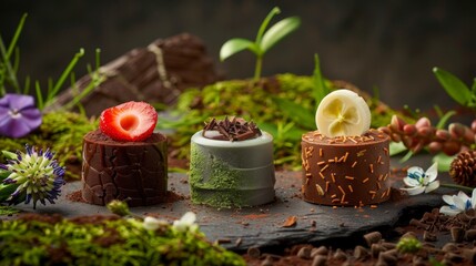 Gourmet desserts with chocolate and fruit